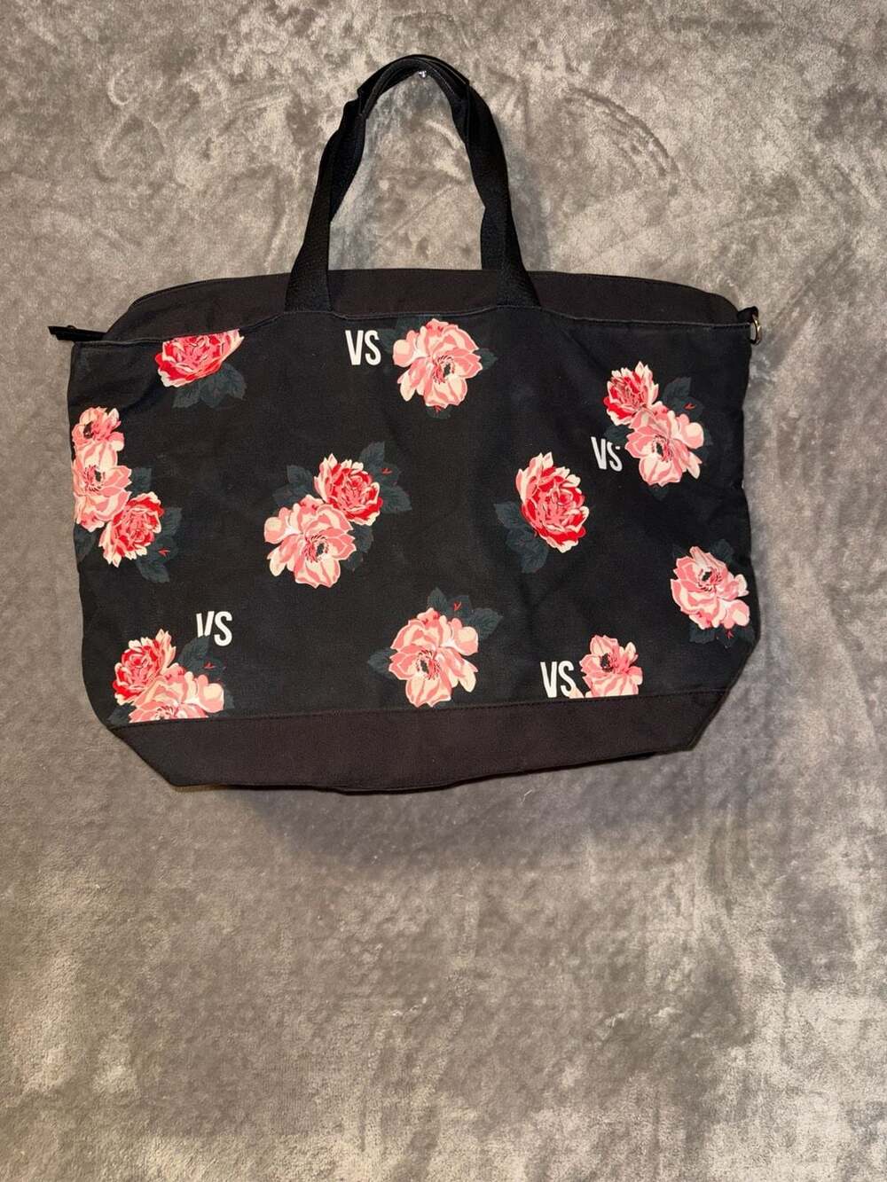 Victoria's Secret Black Floral Canvas Tote Bag with VS Logo - Picture 5 of 11